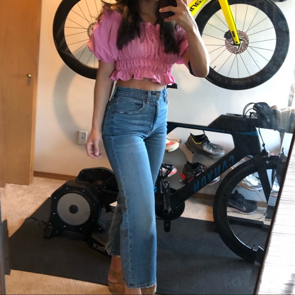 Puff sleeve ruched pink off shoulder crop top Sz S - Picture 4 of 7